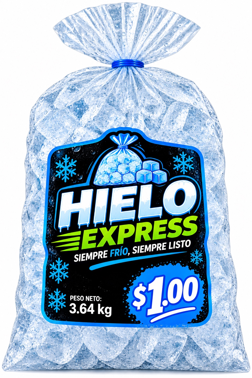 Bolsa Hielo Express · PESO NETO 3.64 kg · precio en efectivo B/.1.00